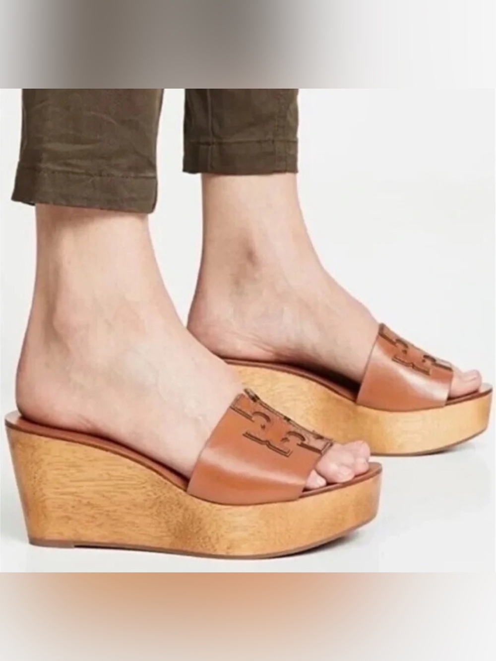 Tory Burch Cognac Leather Platform Slide Wedges